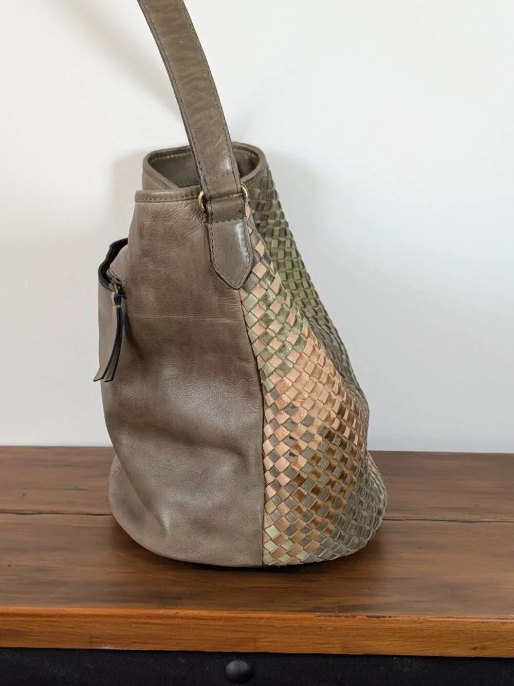 Genuine Leather Woven Tote Bag Multicolor Shoulder Purse Medium Size